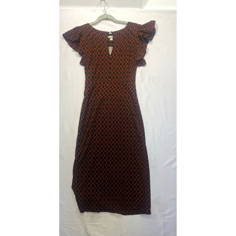 MNG Mango Womens Small Black Orange Geometric Sheath Dress Flutter Sleeve